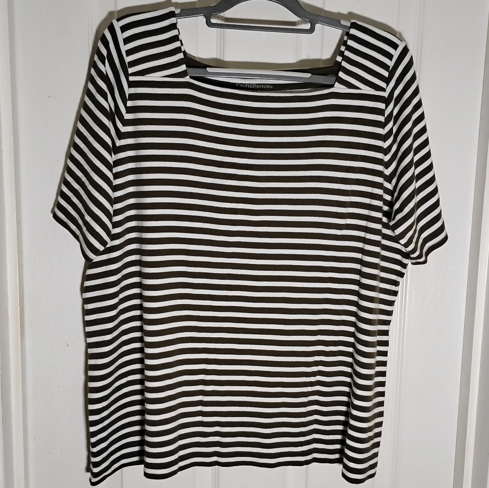Cotton Striped Boat Neck Short Sleeve Knit Top Green White Croft&Barrow
